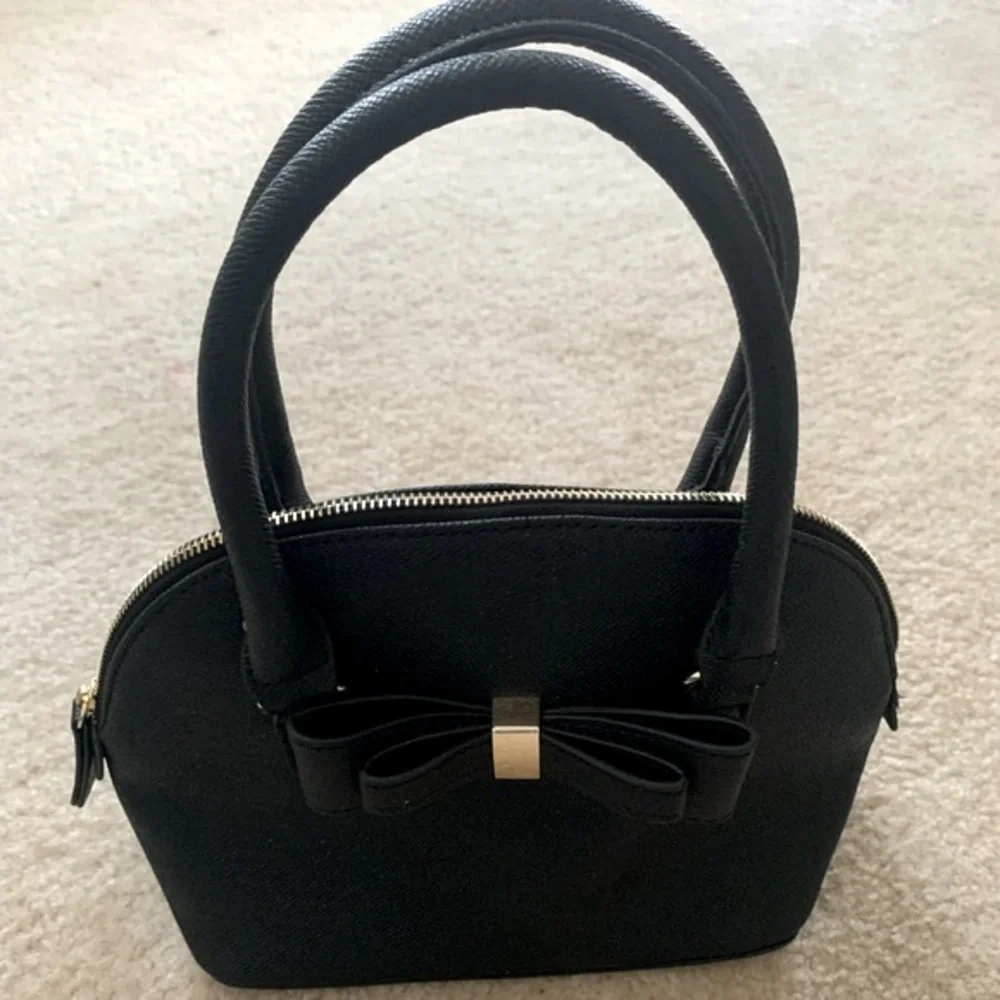 Small Black Faux Leather Mini Sachel With Bow Accent Excellent Used Condition